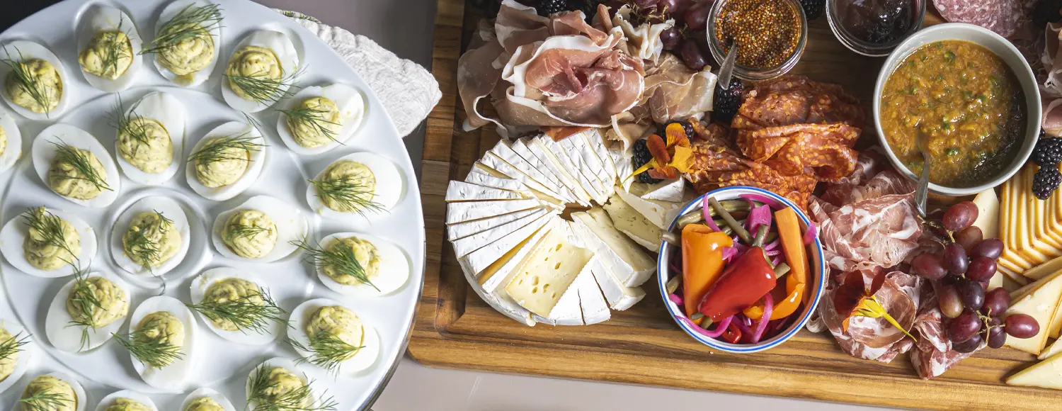 contact Caraway Culinary Bottom devilled eggs and charcuterie platter
